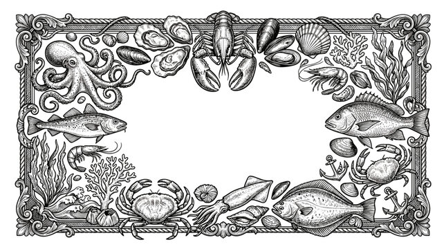  Vintage engraving style seafood frame template. Hand drawn line art border with marine life, fish, lobster, octopus, and shells with blank copy space for restaurant menu