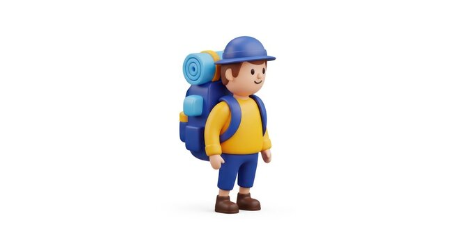 Friendly 3d character with large backpack ready for hiking