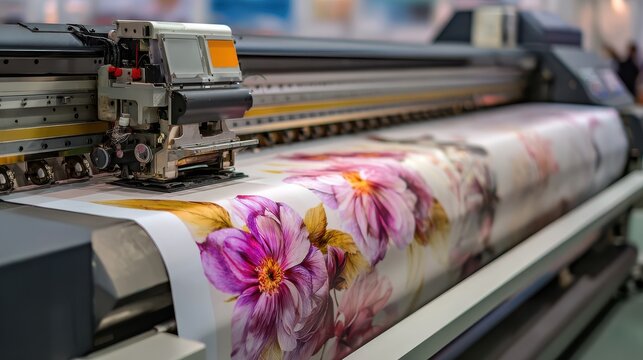 Industrial large format inkjet printer printing floral design on fabric