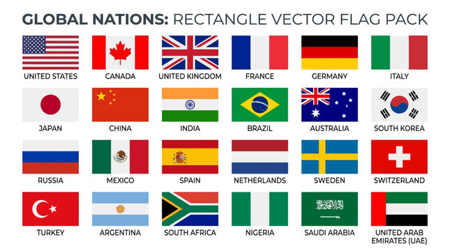 Collection of rectangular vector flags from various global nations