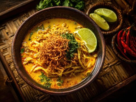 Authentic Khao Soi Thai Coconut Curry Noodle Soup with Crispy Noodles