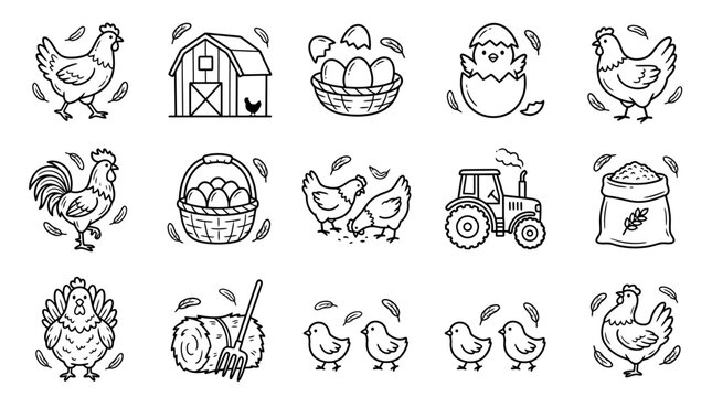 Black and white farm chicken icons.