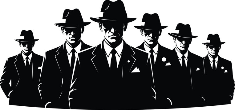 Noir Gangster Team Silhouette in Vintage Mafia Style Vector Illustration