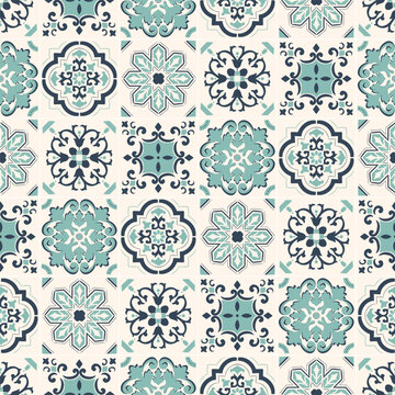 Patchwork ceramic tiles seamless pattern with teal and navy damask ornaments