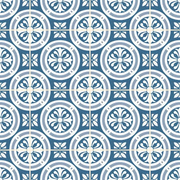 Classic circular rosette tile seamless pattern with blue geometric grid