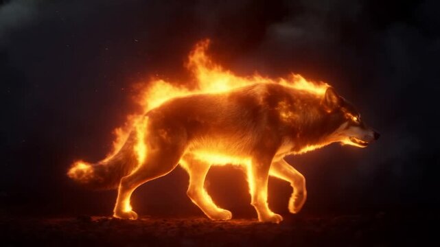 Tracking shot of wolf engulfed in flames walking across dark smoky landscape in slow motion