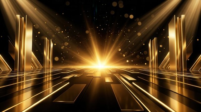 Luxury abstract background with golden light rays and sparkling bokeh.
