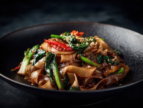 Dark Moody Pad See Ew Thai Wide Rice Noodles with Greens and Chili