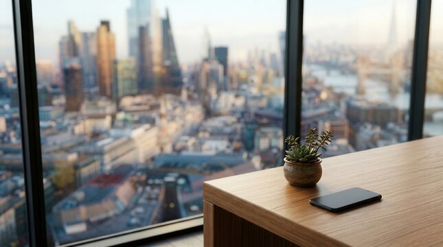 Blurred city center view from a modern empty office workspace interior.