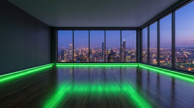 High floor studio space with green screen floor and evening cityscape.