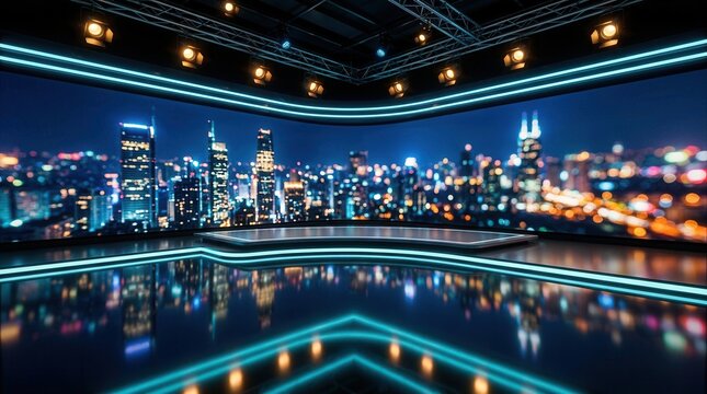 Professional 3D virtual news studio set with night city skyline backdrop.