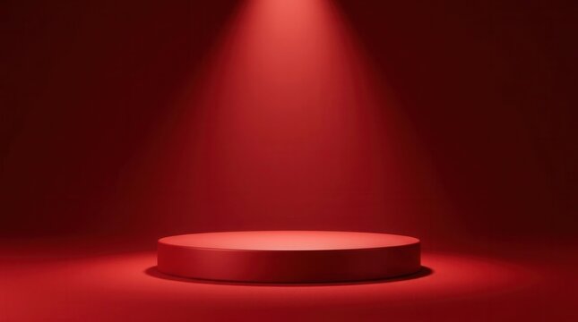 Red spotlight background featuring a circular podium for product showcase.