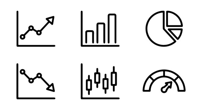 Business Growth Icons: Line Chart, Bar Graph, Pie Chart, Candlestick, Gauge