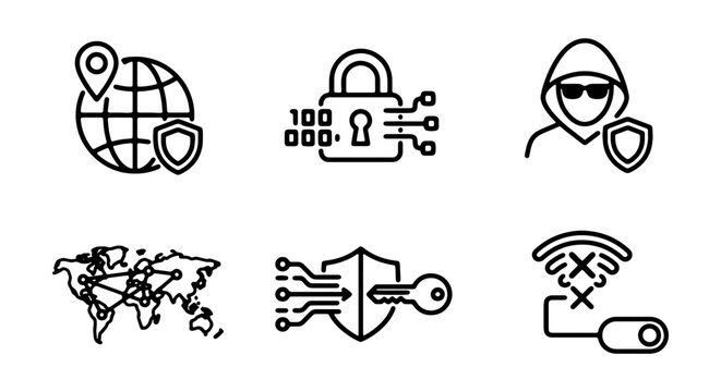 Cybersecurity Icons: Digital Lock, Hacker, Global Network, Key Protection