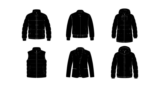 Black Puffer Jackets, Vests, and Coats Vector Icons Set. Winter Apparel Collection.