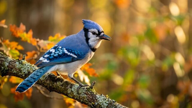 blue jay singing on branch close up golden light video
