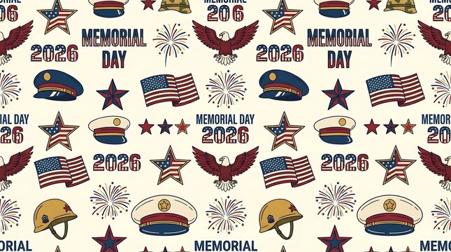 Memorial Day 2026 seamless pattern with patriotic symbols