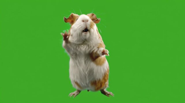 A cute brown and white Syrian hamster standing on its hind legs against a vibrant green background.