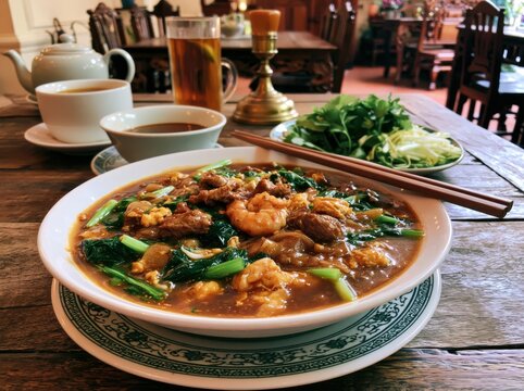 Classic Thai Rad Na Wide Rice Noodles with Pork and Chinese Broccoli