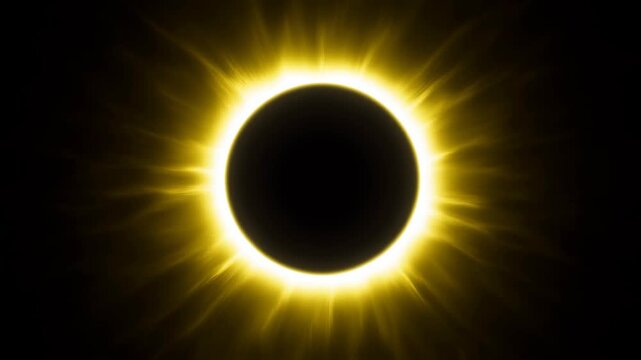 Slow motion static shot eclipse corona glowing and radiating around moon against black space void with golden halo