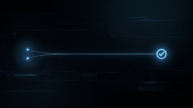 Glowing digital line connecting to verified check mark icon on dark tech background representing data verification and secure connection