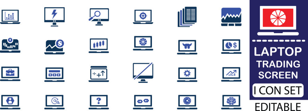 laptop trading screen icon set - solid icon collection vector illustration design. A modern laptop trading screen showcasing live market charts, real-time data streams, 