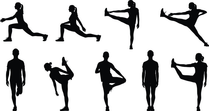 Women Performing Stretching and Balance Exercises Silhouette Set for Fitness Training