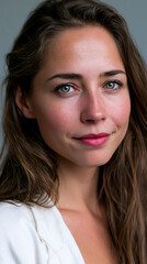 Fototapeta premium natural brunette woman with green eyes and confident gaze, authentic beauty portrait of makeupfree brunette female, elegant longhaired woman with natural expression 