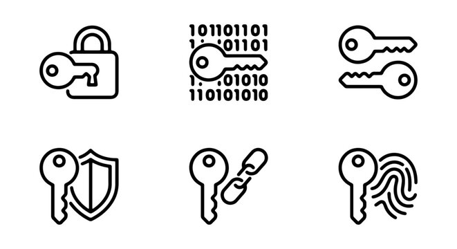 Security Icons Set: Key, Lock, Binary Code, Fingerprint, Shield, Chain Links, Access Control