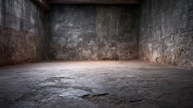 Dimly lit interior of an old concrete room with textured walls and floor