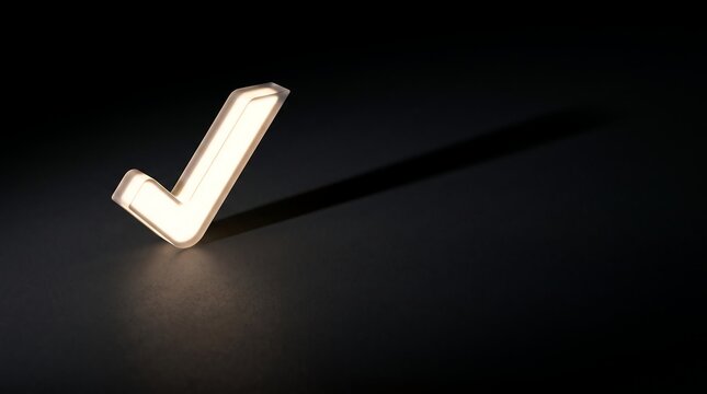 Glowing glass checkmark symbol isolated on dark textured background