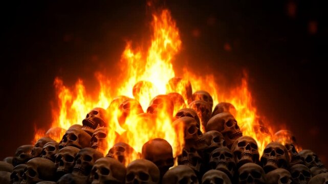 Static shot of pile of human skulls burning with flames rising and flickering against dark ritual chamber background