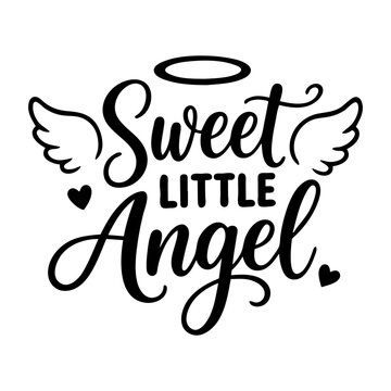 Sweet Little Angel Typography Design with Wings Halo and Hearts for Baby Nursery Decor