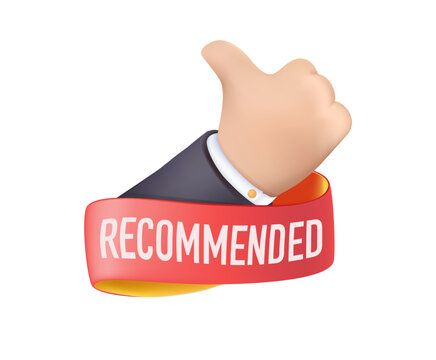 Red recommended badge sticker with thumbs up icon representing approval, trusted choice, verified quality, customer rating and product recommendation concepts for ecommerce and marketing