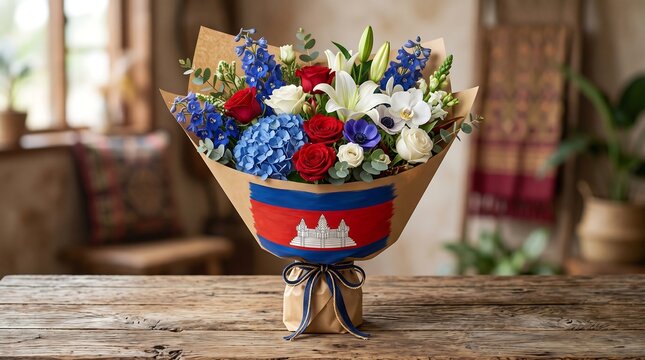 Vibrant bouquet of mixed flowers featuring red roses and blue hydrangeas wrapped in paper decorated with the Cambodian national flag