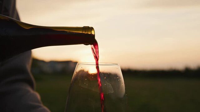 A hand gracefully pours rich red wine into a glass, capturing the essence of luxury and relaxation as golden sunlight bathes the vineyard in warm hues