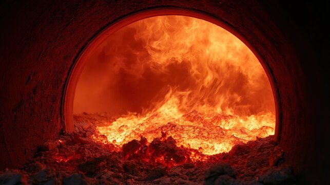 Inside a rotary kiln with intense red-orange flames and glowing material