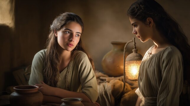 A domestic evening scene of leah and rachel inside jacob household illuminated by warm lamplight, revealing longing, rivalry, and family tension.
