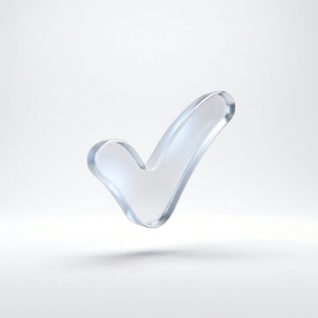 Minimalist 3D render of a glossy glass check mark icon isolated on a neutral white background for user interface design