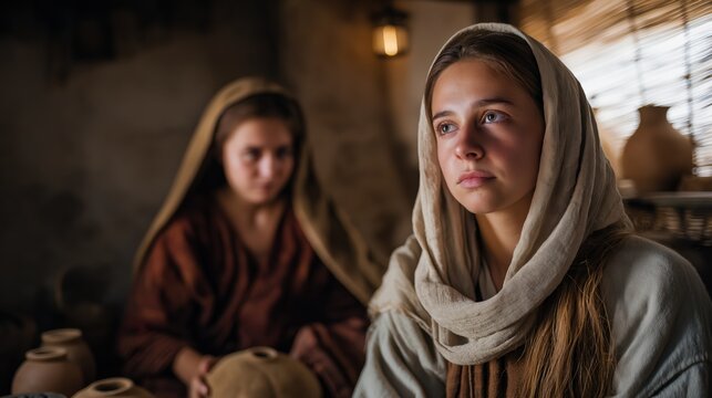 A domestic evening scene of leah and rachel inside jacob household illuminated by warm lamplight, revealing longing, rivalry, and family tension.