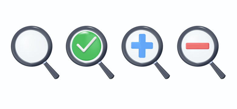 3D magnifying glass icon set for search, zoom, inspection, discovery, research, analysis and document review. Ideal for UI, UX, web applications, data management, auditing and navigation systems