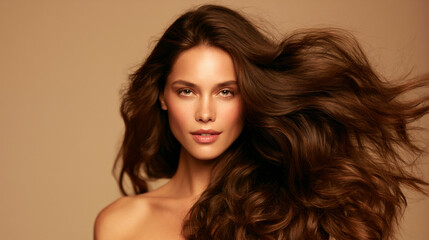 Fototapeta premium confident brunette woman with flowing voluminous hair, elegant female beauty portrait with glossy brown hair, glamorous woman with silky long wavy brunette hair