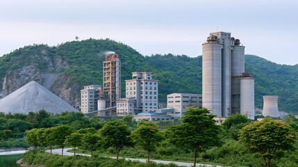 Fototapeta premium Industrial cement factory complex nestled in lush green mountainside landscape