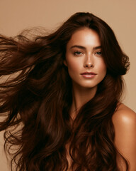 Fototapeta premium confident brunette woman with flowing voluminous hair, elegant female beauty portrait with glossy brown hair, glamorous woman with silky long wavy brunette hair