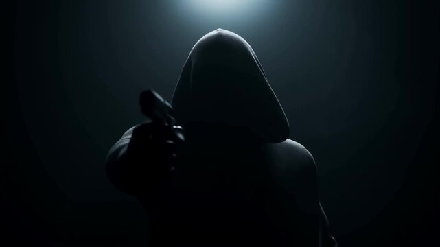 Mysterious hooded figure approaches with threatening gesture in dramatic lighting