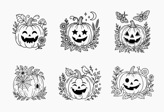 Cottagecore Halloween Pumpkin Collection with Floral Elements. Cute jack o lantern illustrations surrounded by flowers, leaves, insects, and woodland details.