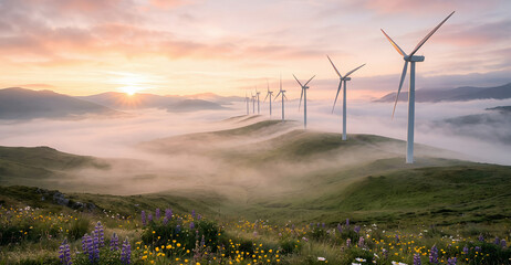 Naklejka premium Wind turbine farm on a rolling green hill in the early morning fog. Renewable energy concept for sustainable power generation. Nature landscape with sunrise and wildflowers in valley.
