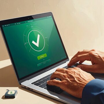 Close-up of hands typing on a laptop, with a security check mark on the screen.