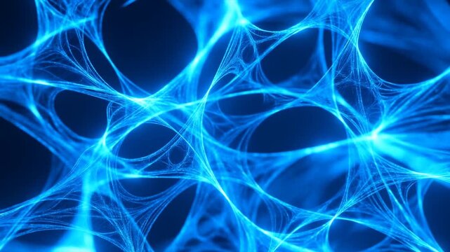 Tracking slow motion shot of glowing blue neural network filaments pulsing connecting and stretching across dark macro studio background