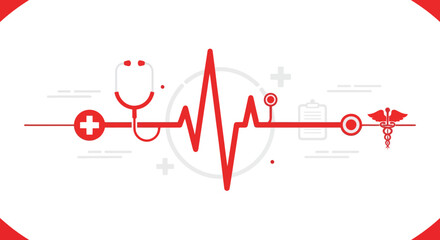Obraz premium Medical Illustration Featuring Diagnostic Tools With Vitality Signals and Caduceus Vector Graphics